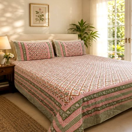 Handmade Pink Jaal Mulmul Cotton Quilted Double Bedcover